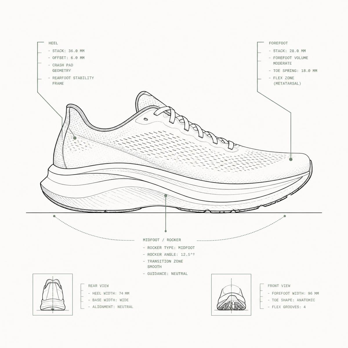 Annotated technical illustration of a running shoe showing heel stack, offset, midfoot rocker, forefoot toe spring and stability frame — biomechanical field-guide style.